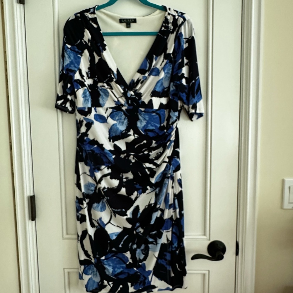 Ralph Lauren Black and Blue Sheath Midi Dress V-Neck Short Sleeve